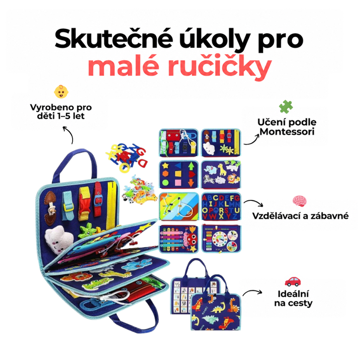 Modrá knížka aktivit rozložená do stránek s popisky věku 1-5 let, Montessori stylu a vhodnosti na cesty 9