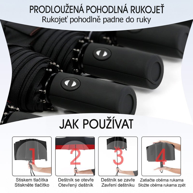 Detail prodloužené pohodlné rukojeti s tlačítkem a čtyřkrokový návod k otevření a zavření deštníku 8