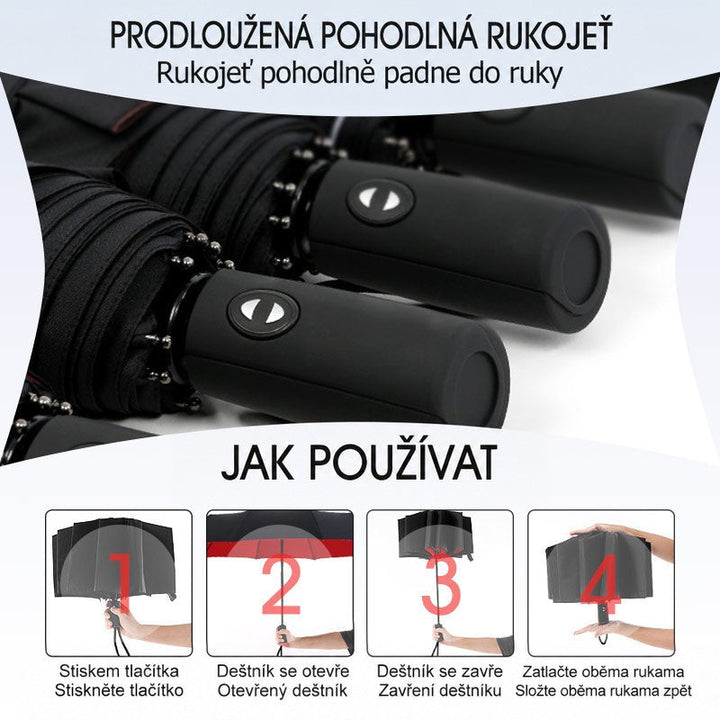 Detail prodloužené pohodlné rukojeti s tlačítkem a čtyřkrokový návod k otevření a zavření deštníku 8