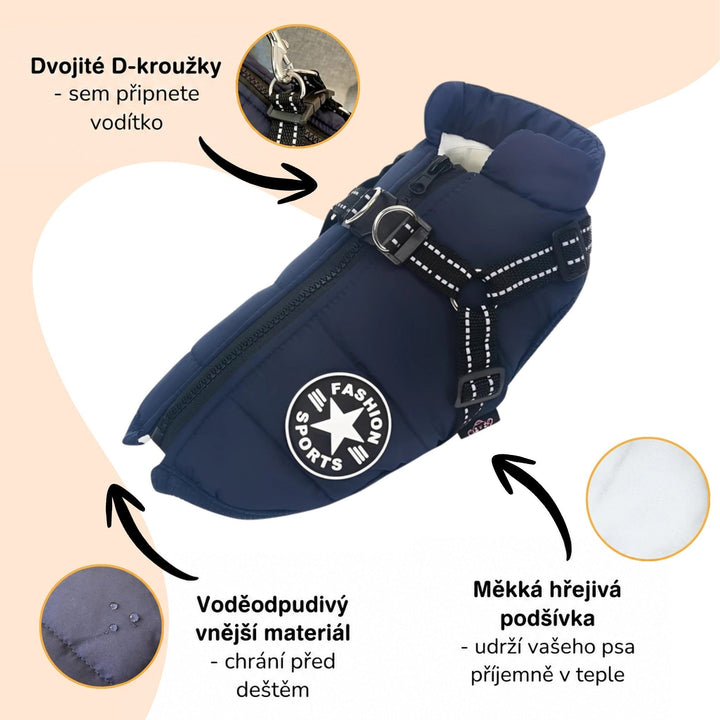 Tmavě modrý kabátek s popisky: dvojité D-kroužky pro uchycení vodítka, vodoodpudivý povrch a měkká vnitřní podšívka. 7