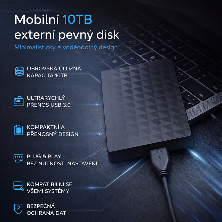 Disk připojený k notebooku na tmavém pozadí, vedle něj seznam vlastností produktu 5
