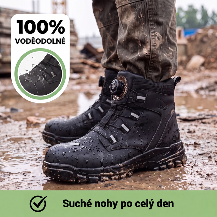 Postříkané boty v blátě na staveništi, v kruhovém výřezu detail kapek vody na povrchu 5