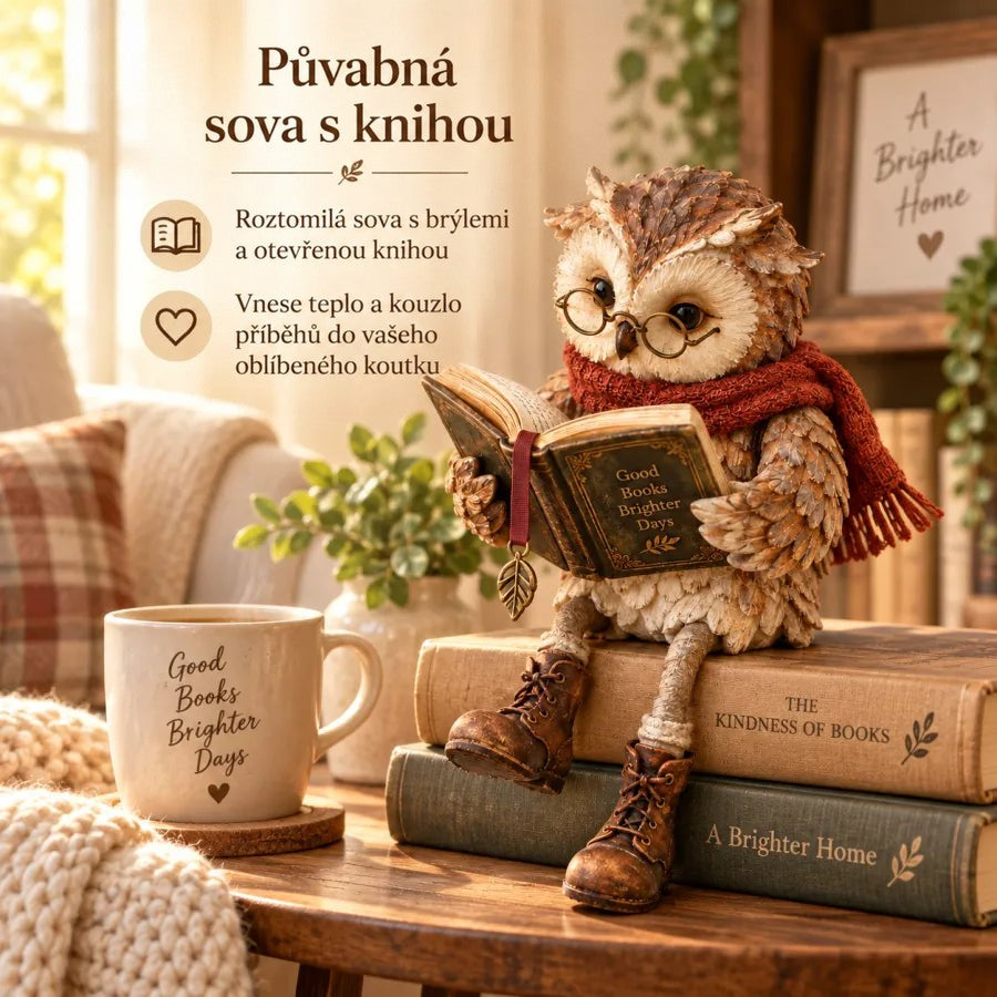 Sova s otevřenou knihou sedí na dvou knihách u hrnku čaje, doplněná textovou grafikou o designu 3