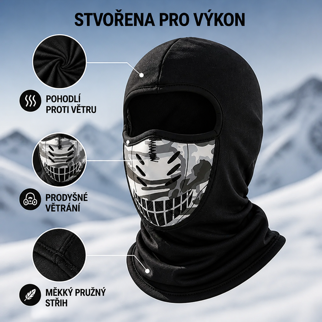 Černá kukla s větracím panelem na obličeji a širokým límcem, kolem kruhové výřezy detailů látky, větrání a švu. 4
