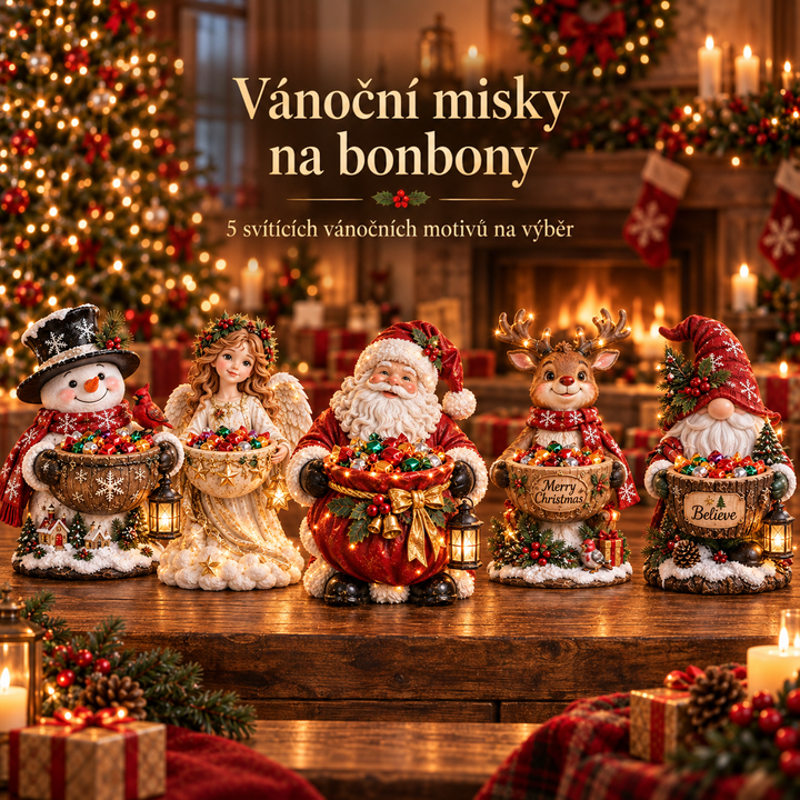 Pět figurek v řadě na dřevěném stole: sněhulák, anděl, Santa, sob a skřítek s bonbony 6