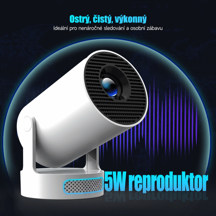 Projektor zepředu zblízka na tmavém pozadí s modře svítícím okrajem reproduktoru v podstavci 16