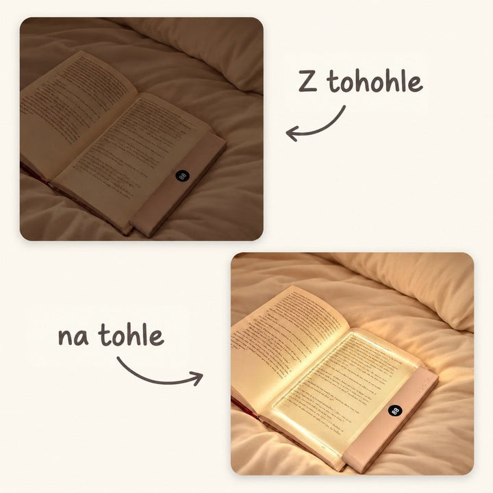 Srovnání dvou záběrů: kniha na peřině bez světla a stejná kniha s rozsvícenou destičkou 3