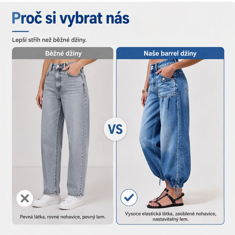 Porovnání obyčejných rovných světlých džínů a modrých barrel džínů se zahnutou nohavicí a stahováním na kotnících. 5