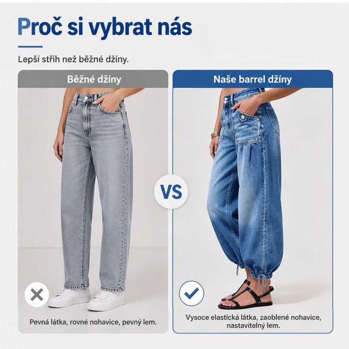 Porovnání obyčejných rovných světlých džínů a modrých barrel džínů se zahnutou nohavicí a stahováním na kotnících. 5