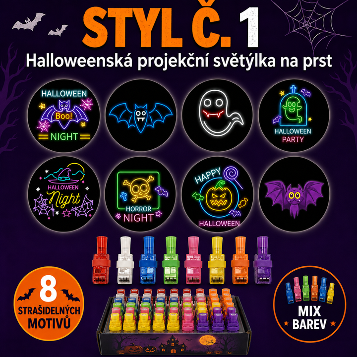 Sada motivů číslo 1 s osmi neonovými halloweenskými projekcemi, pod nimi osm barevných projektorů a krabice 2