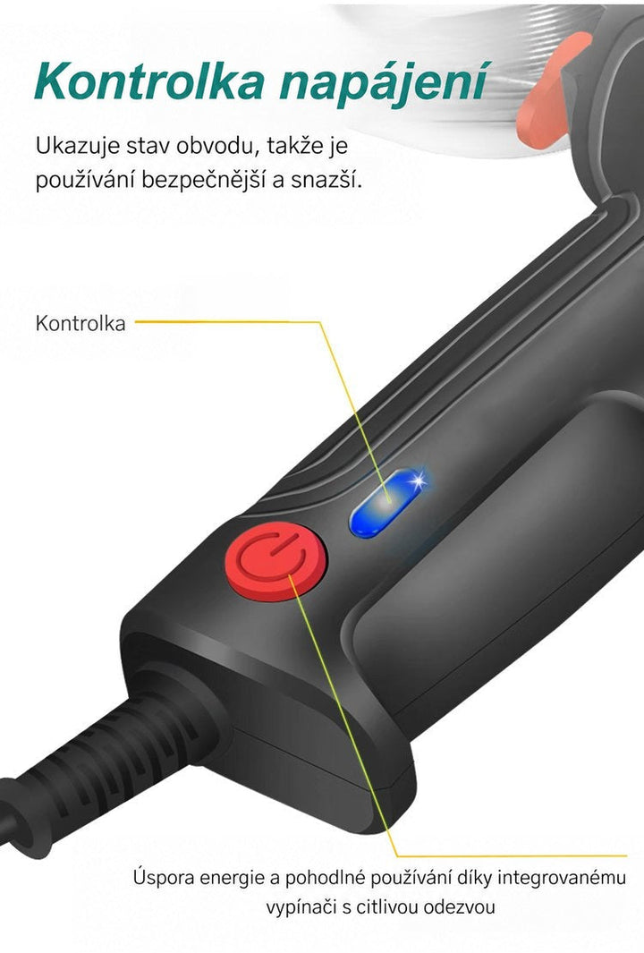 Detail rukojeti s modrou kontrolkou a červeným vypínačem u napájecího kabelu 5