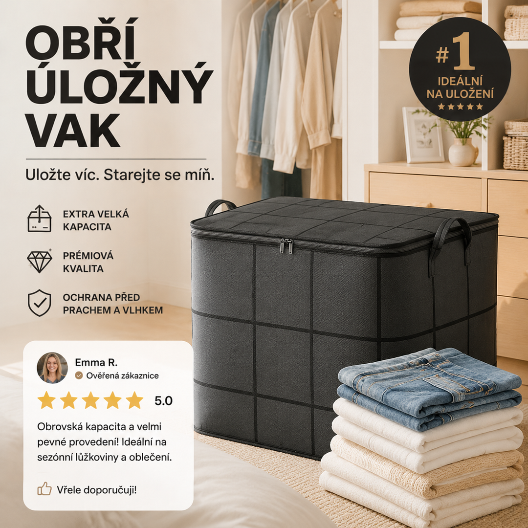 Černý mřížkovaný vak se zipem a úchyty v ložnici, vedle něj složené džíny a světlé svetry na podlaze. 5