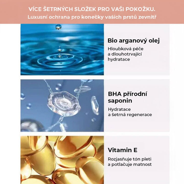 Informační grafika se třemi složkami oleje: kapka vody, průhledná molekula a zlaté kapsle vitamínu 4