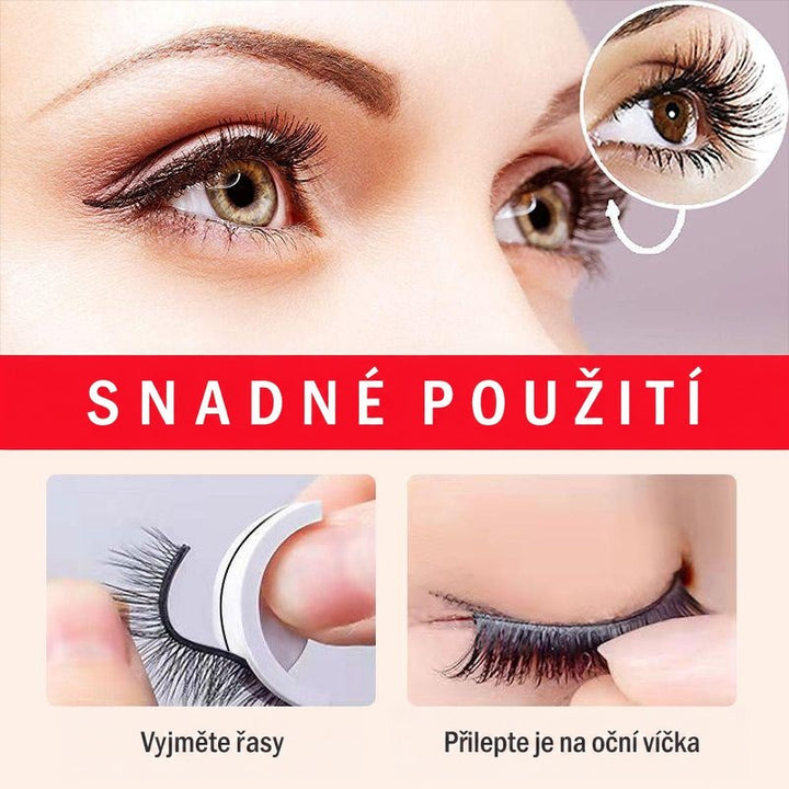 Detail očí s nasazenými řasami a dva kroky použití: sundání řasy z držáku a přilepení na víčko. 7