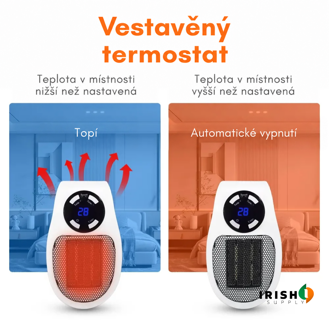 Dvě topidla v pokoji: vlevo topí při nízké teplotě, vpravo je po dosažení teploty vypnuté 5