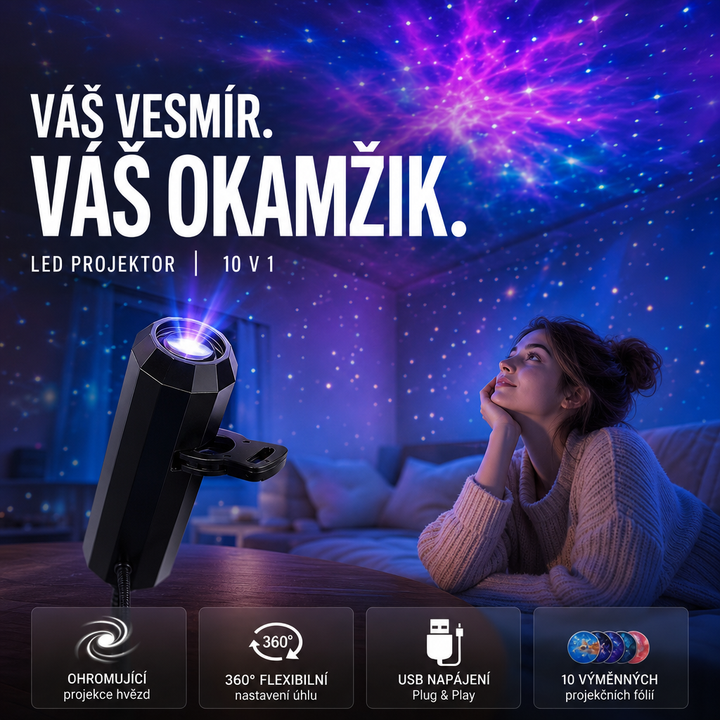 Černý válcový projektor s klipem na stole, žena leží a hledí na fialový hvězdný strop 2