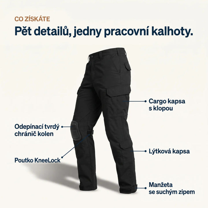 Černé kalhoty s popisky detailů: kapsa s chlopní, lýtková kapsa, vyjímatelný chránič kolena, pásek na koleni a manžeta na suchý zip. 5