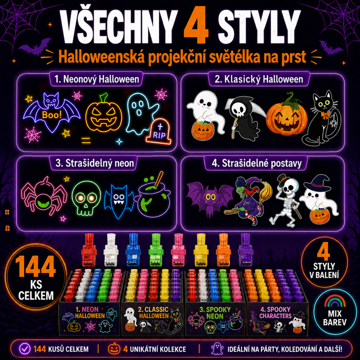 Přehled všech čtyř sad motivů s ukázkami projekcí a čtyřmi krabicemi plnými barevných prstových projektorů 6