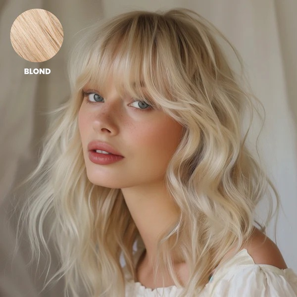 Žena s dlouhými světle blond vlnitými vlasy a ofinou, vzorek blond odstínu v rohu 3