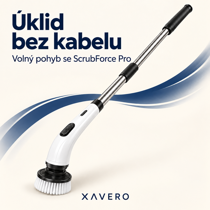 Kartáč s bílou zahnutou hlavou a kovovou tyčí na světlém pozadí s modrou vlnitou grafikou 9