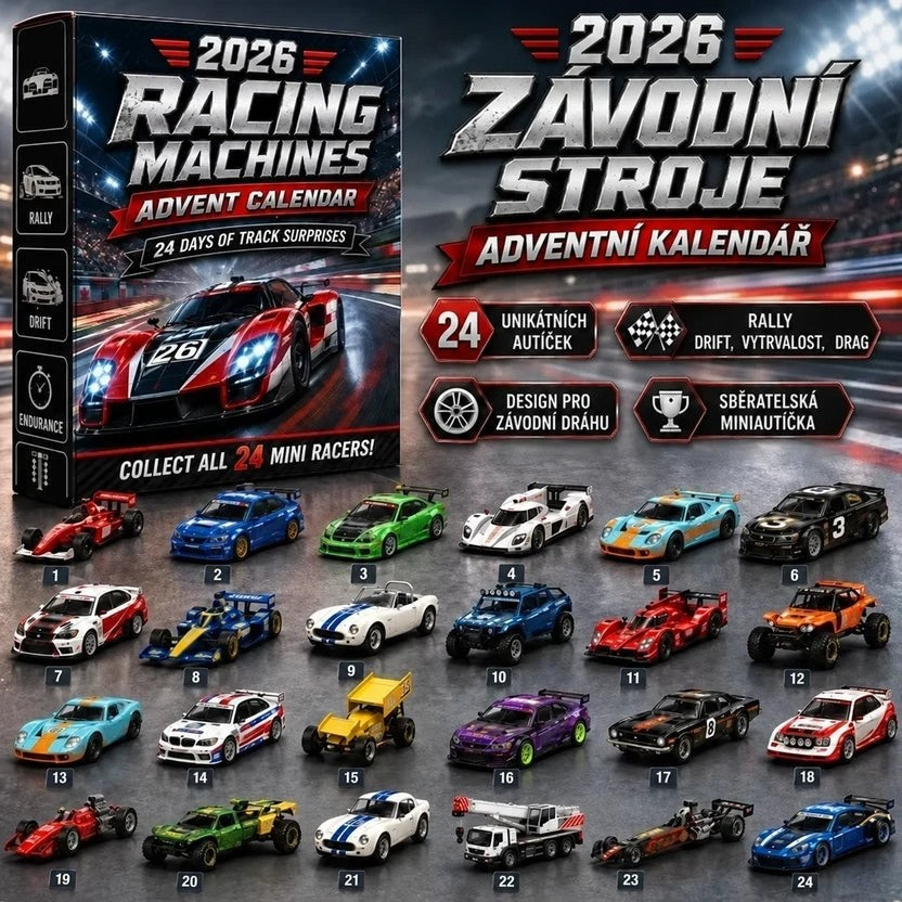 Černá krabice se závodním vozem a vedle ní pod nápisem 24 očíslovaných miniatur rallye, driftových a dragsterových aut 17