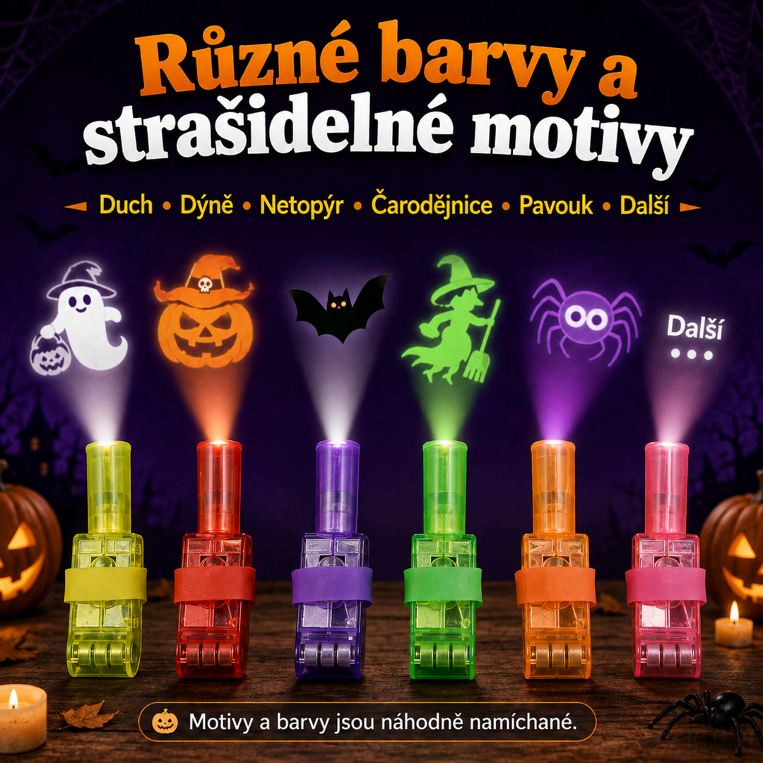 Šest rozsvícených barevných projektorů promítá nad sebe ducha, dýni, netopýra, čarodějnici a pavouka 7