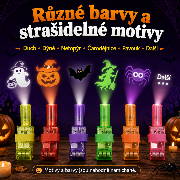 Šest rozsvícených barevných projektorů promítá nad sebe ducha, dýni, netopýra, čarodějnici a pavouka 7