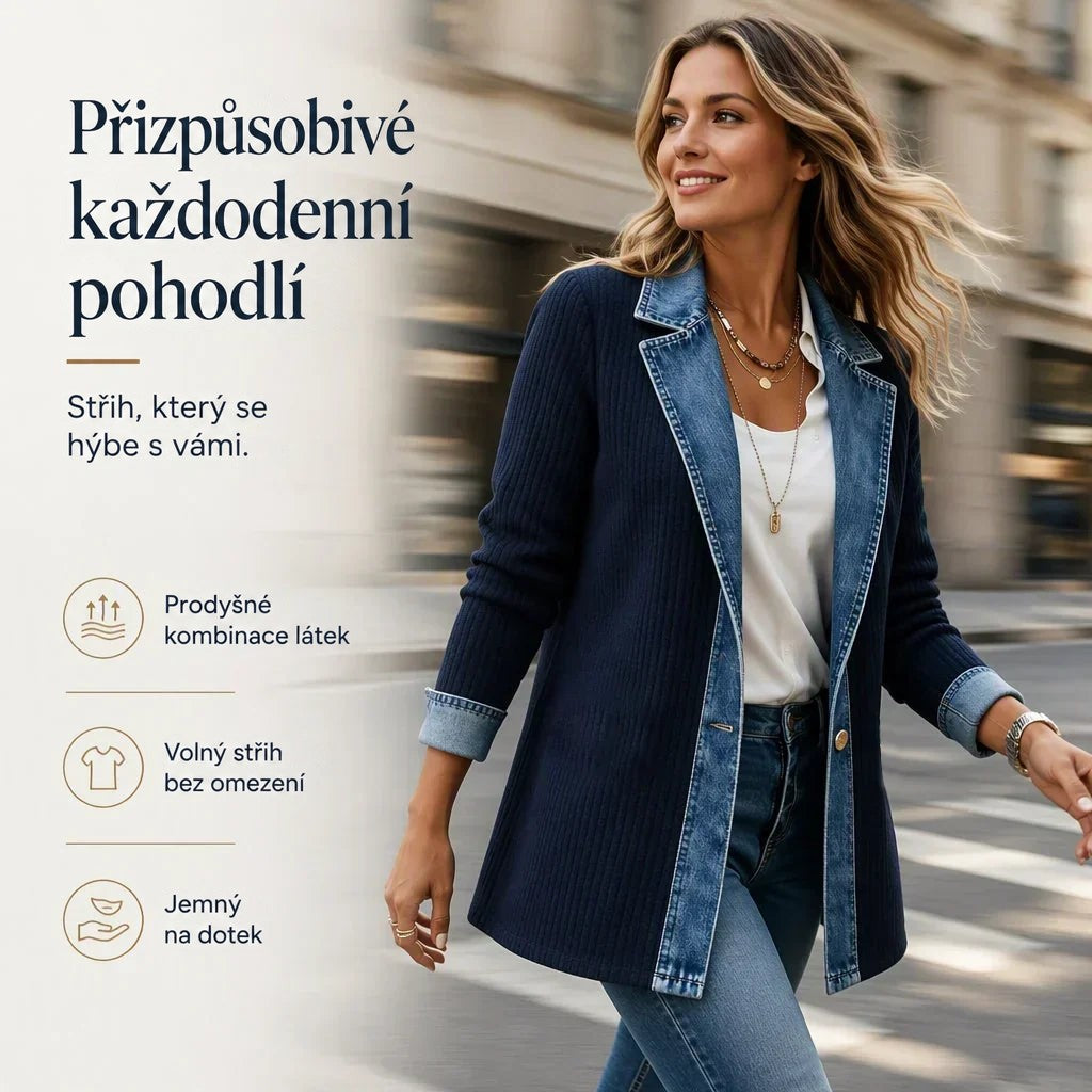 Žena v tmavě modrém žebrovaném kabátu s džínovými klopami kráčí městskou ulicí v pohybu 11