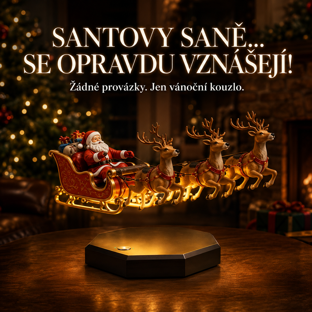 Santa v saních se soby vznáší nad osmibokým podstavcem na dřevěném stole před stromkem a krbem 1
