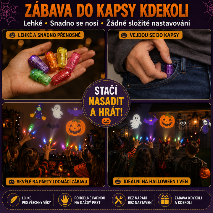 Koláž: projektory na dlani, projektor v kapse džínů a děti s rozsvícenými prsty doma i venku 13