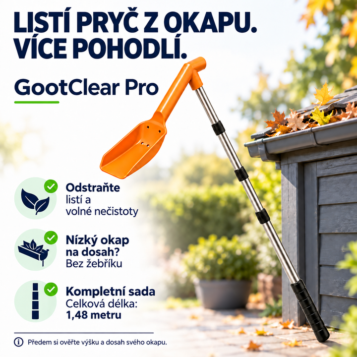 Oranžová lopatka na teleskopické tyči opřená o okap zahradního domku plného podzimního listí 1