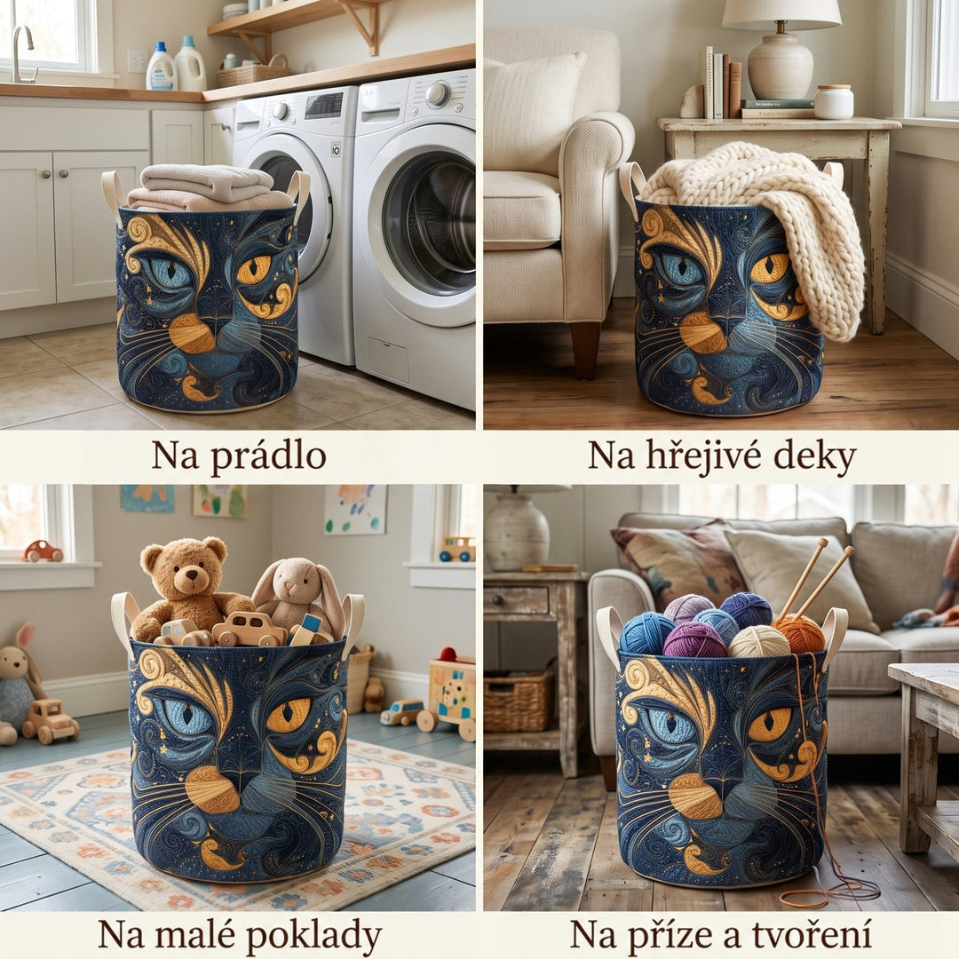 Koláž čtyř záběrů koše s kočičí tváří: na prádlo, pro deky, na hračky a na přízi s pletením. 2