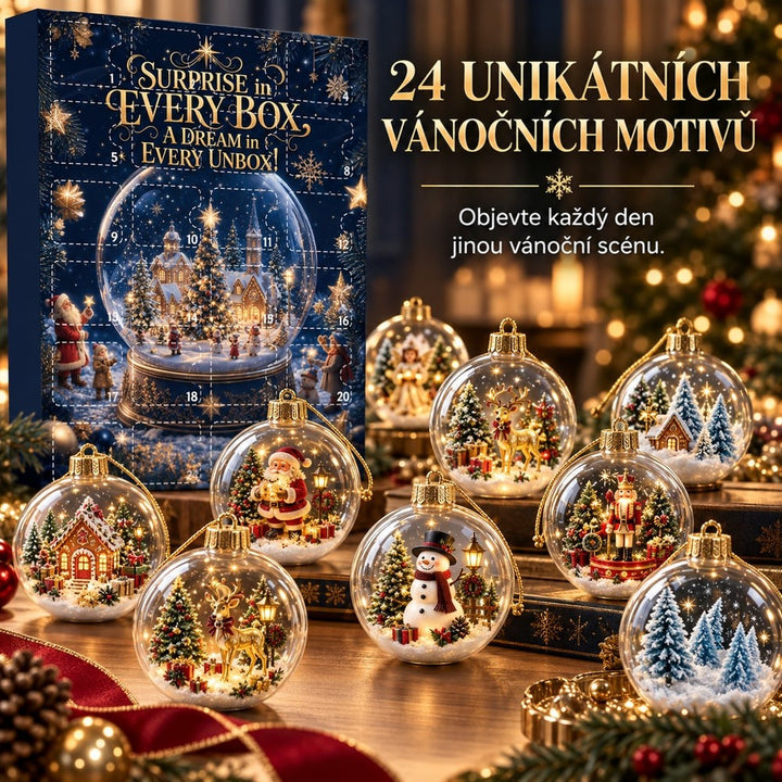 Tmavě modrý kalendář se sněhovou koulí a před ním průhledné baňky s vánočními scénkami 1