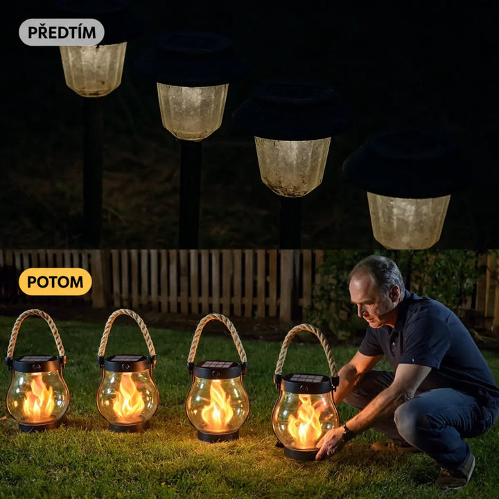 Srovnání před a po: staré zahradní lampy nahoře, dole muž pokládá lucerny s plamenem na trávník 4