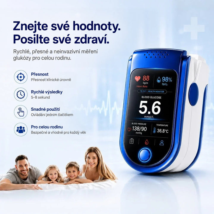 Monitor šikmo na světlém pozadí s ikonami výhod, dole usměvavá rodina ležící na posteli. 5