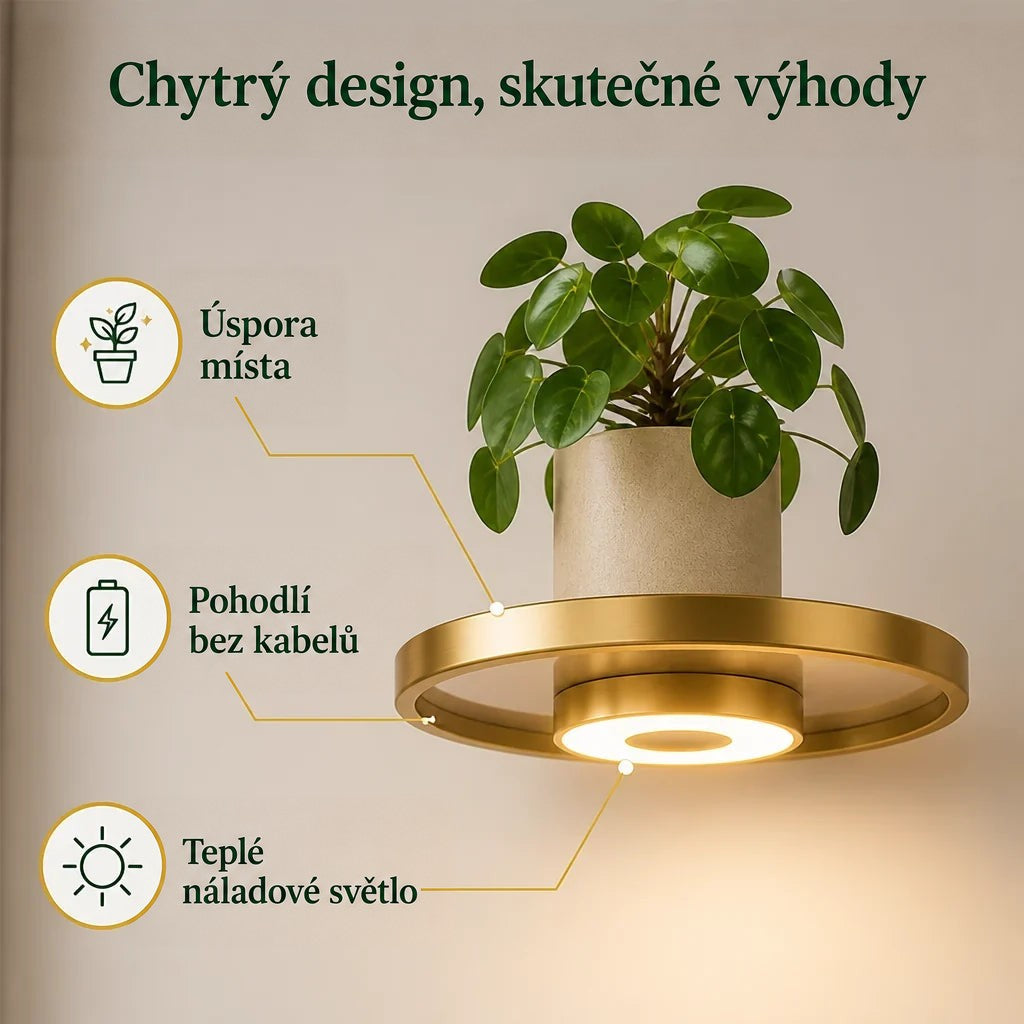 Detail kulaté zlaté police s hrnkem rostliny a svítícím LED kroužkem pod deskou, doplněný ikonami výhod. 3