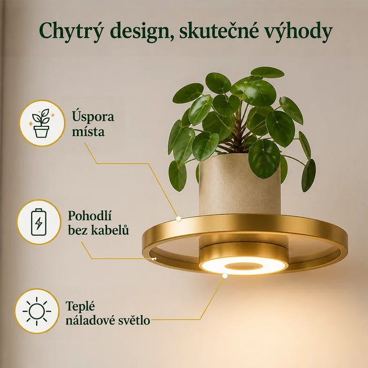Detail kulaté zlaté police s hrnkem rostliny a svítícím LED kroužkem pod deskou, doplněný ikonami výhod. 3