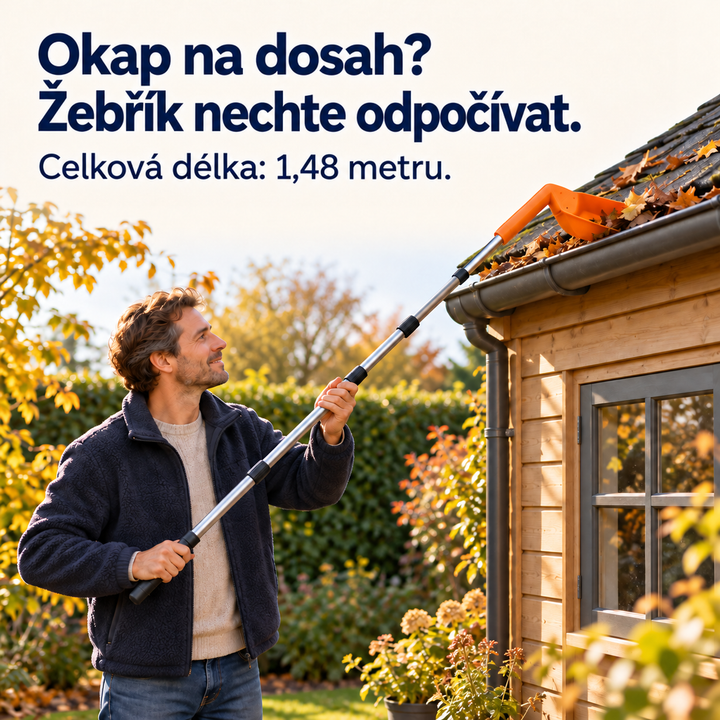 Usmívající se muž v zahradě vybírá listí z okapu dřevěného domku bez žebříku 6