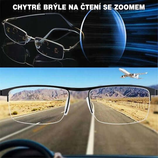 Koláž: kovové brýle s kruhovou čočkou nahoře a pohled přes čočky na silnici 4