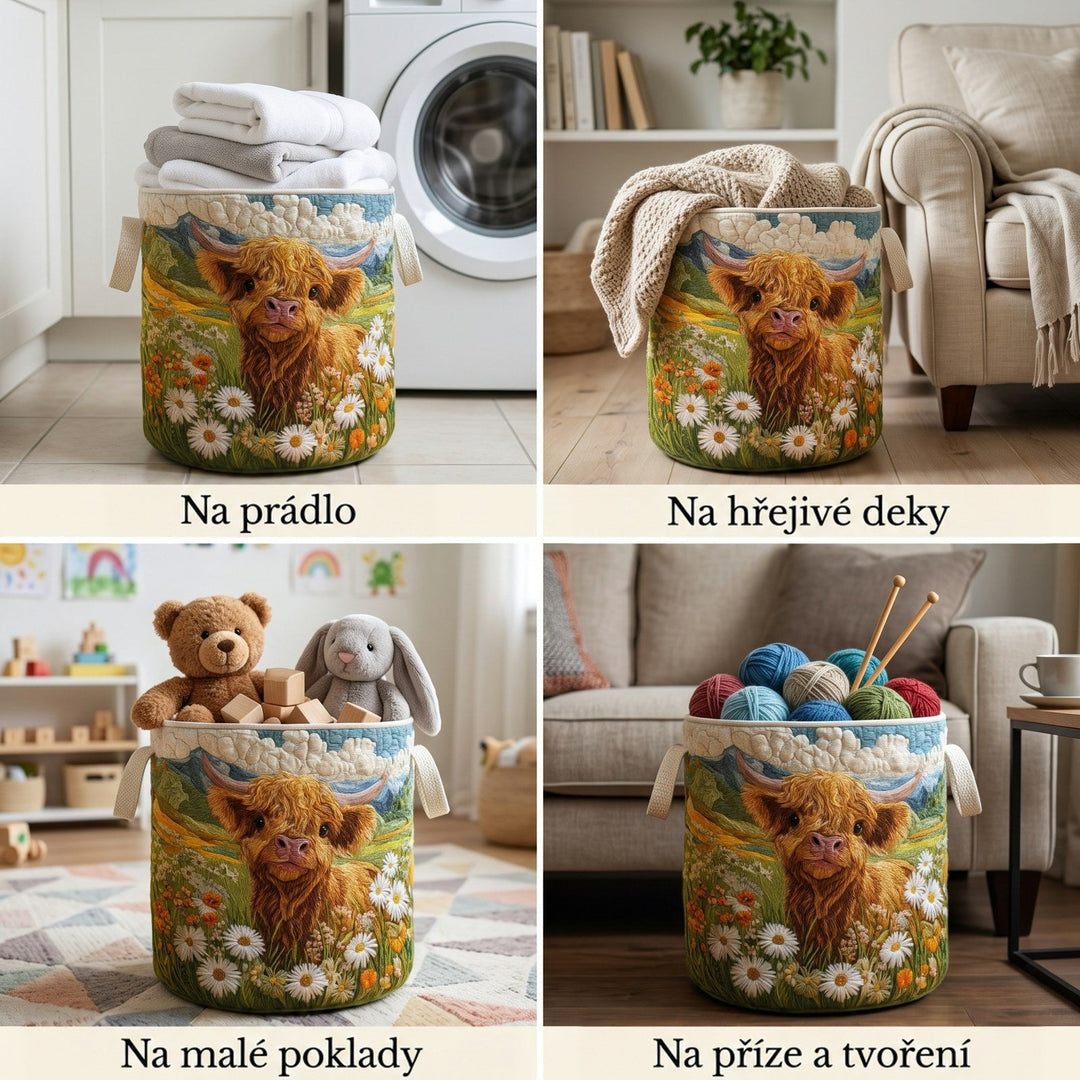 Čtyři malé záběry téhož koše v domácnosti: na prádlo u pračky, na deky, na hračky a na přízi. 2