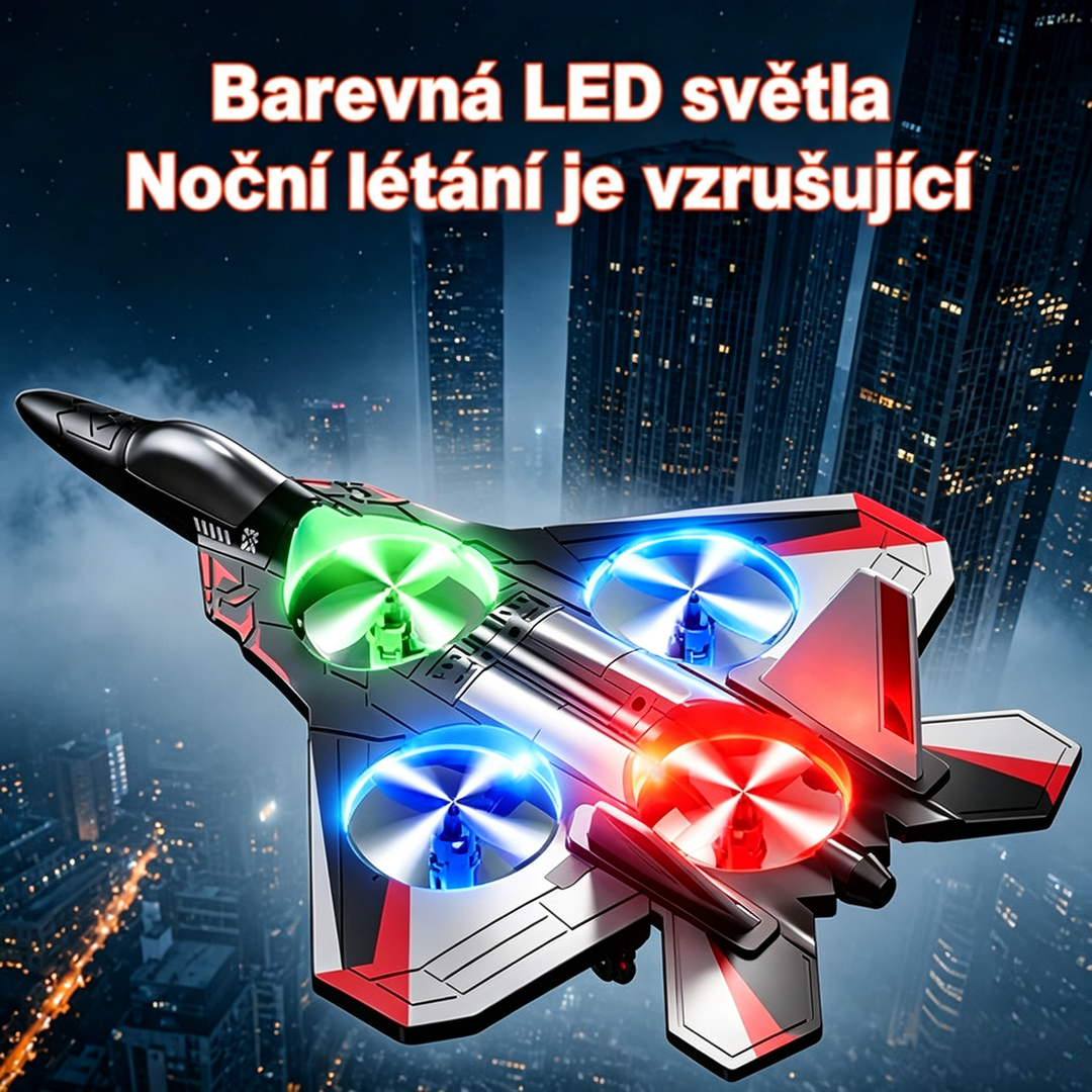 Letadlo s červenými akcenty a svítícími zelenými, modrými a červenými LED vrtulemi za noci nad mrakodrapy velkoměsta. 1