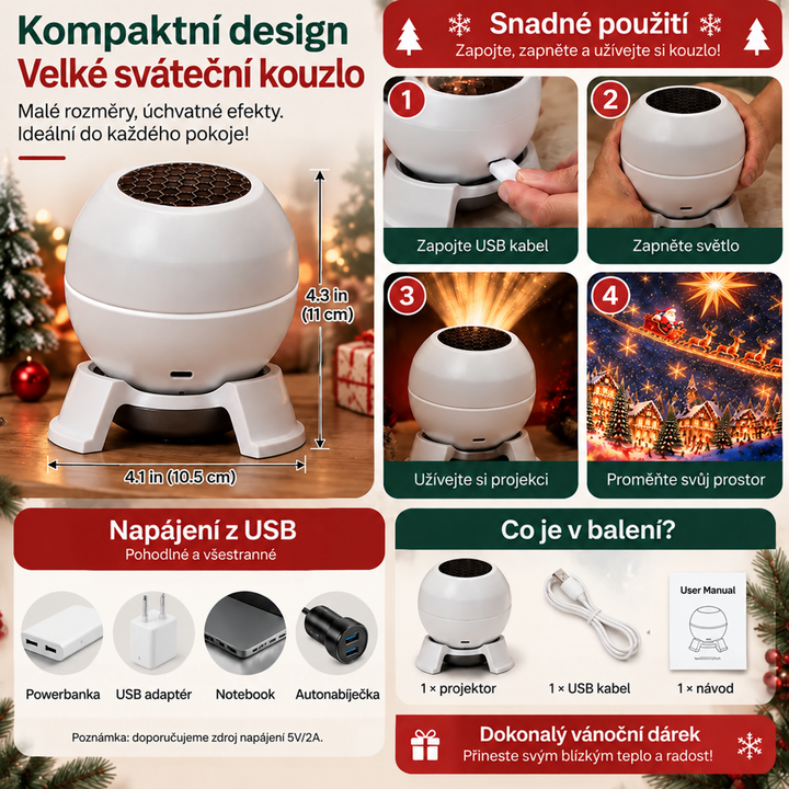 Přehledový koláž: rozměry projektoru, čtyři kroky použití, možnosti napájení přes USB a obsah balení s projektorem, kabelem a návodem. 7