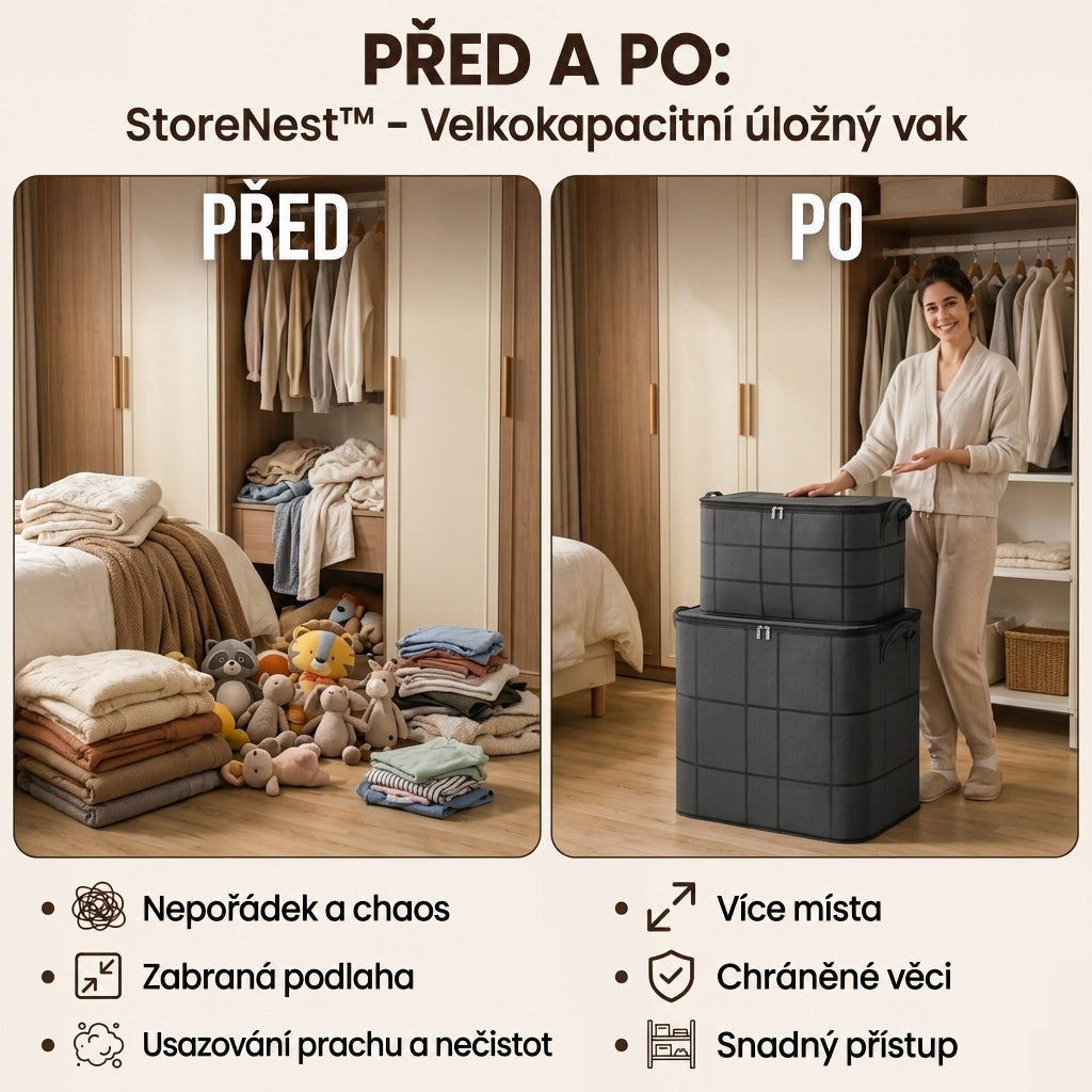 Srovnání před a po: neuspořádané oblečení a plyšové hračky na podlaze, vedle toho dva vaky naskládané na sobě a usmívající se žena. 3