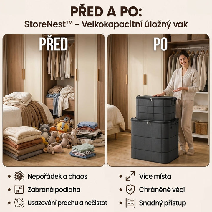 Srovnání před a po: neuspořádané oblečení a plyšové hračky na podlaze, vedle toho dva vaky naskládané na sobě a usmívající se žena. 3