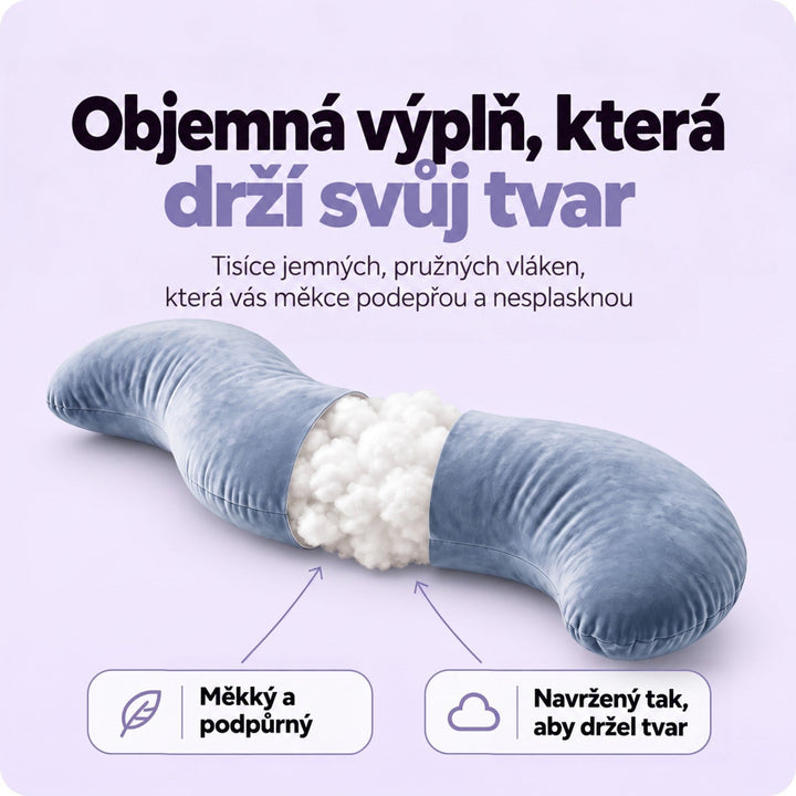 Polštář v řezu s odkrytou bílou vláknitou výplní uvnitř modrého potahu 4