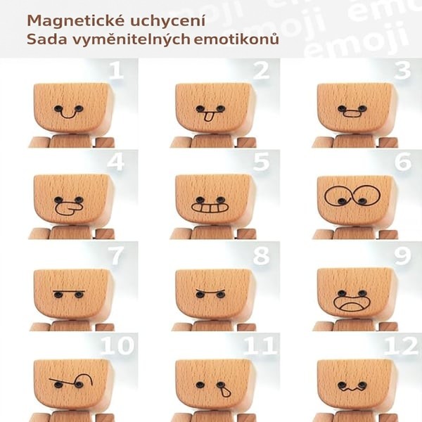 Přehled všech dvanácti vyměnitelných magnetických obličejů očíslovaných 1 až 12, od úsměvu po smutek. 8