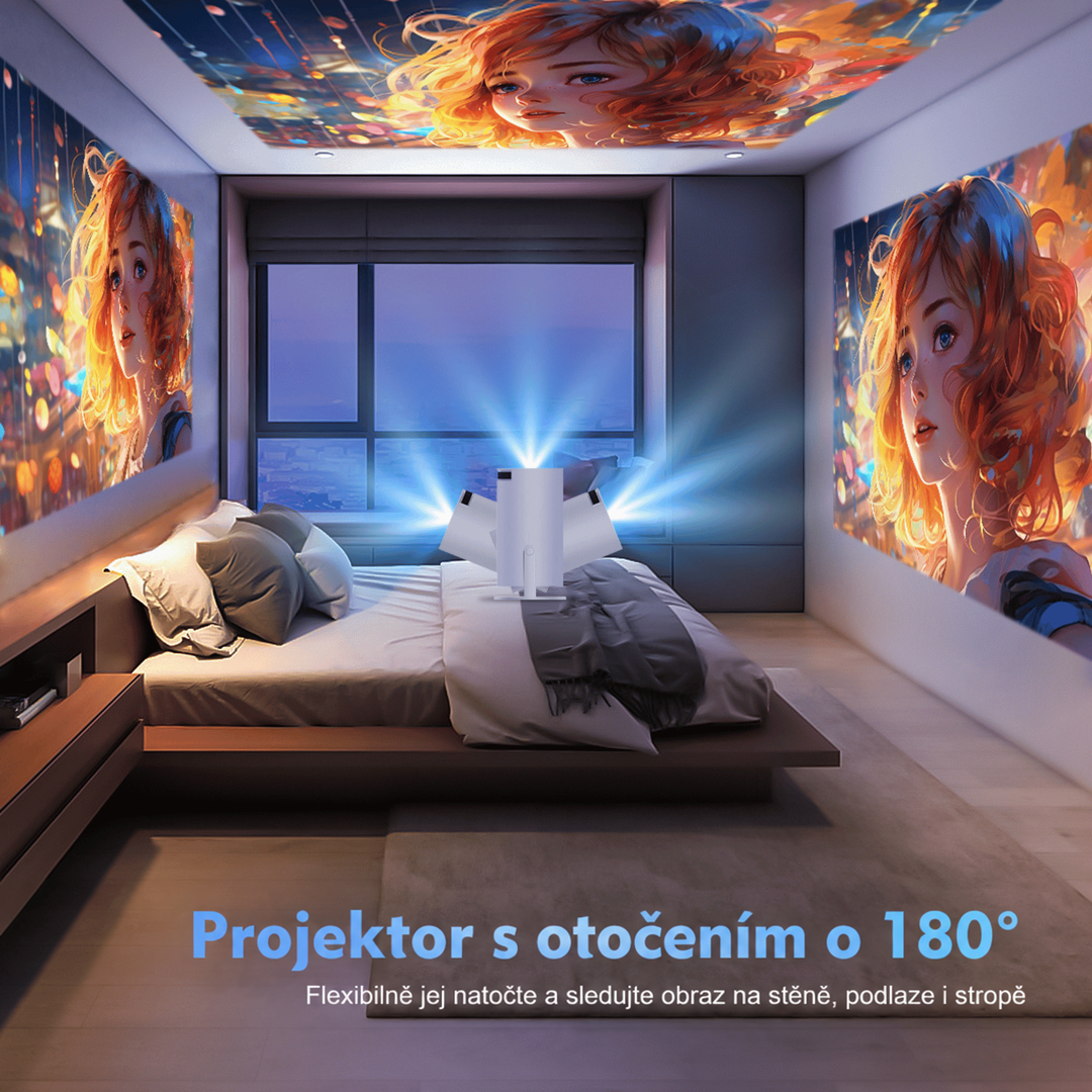 Projektor na posteli promítá stejný obrázek na stěnu, protější stěnu i strop ložnice 7