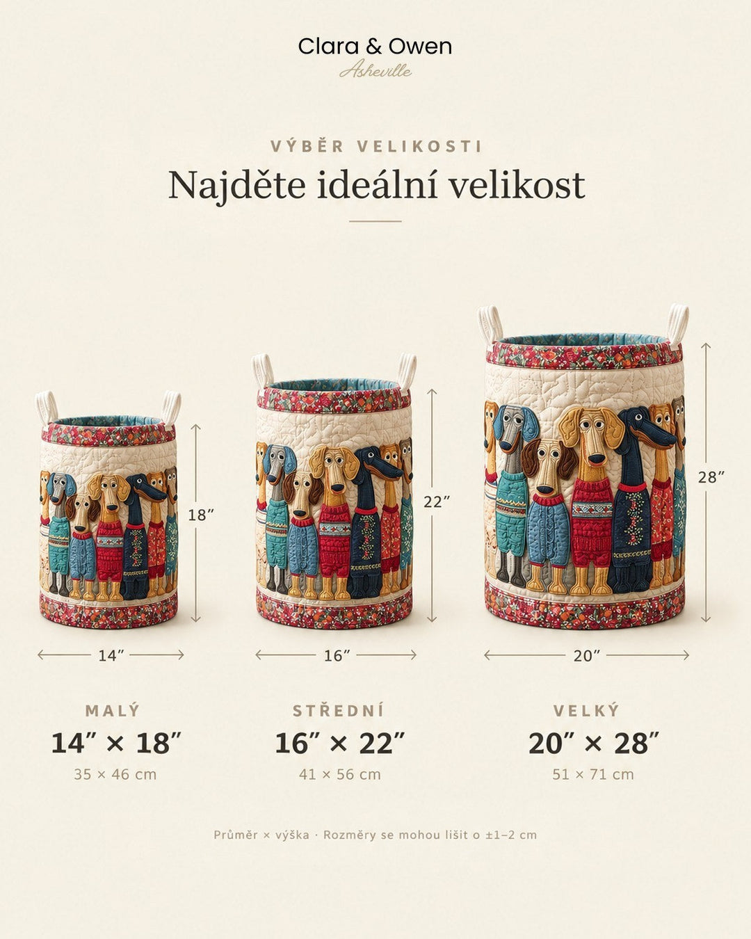 Tabulka velikostí se třemi koši vedle sebe, malým, středním a velkým, s rozměry v palcích a centimetrech 5