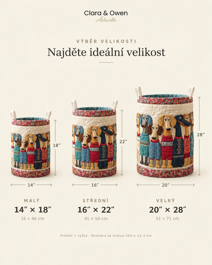 Tabulka velikostí se třemi koši vedle sebe, malým, středním a velkým, s rozměry v palcích a centimetrech 5