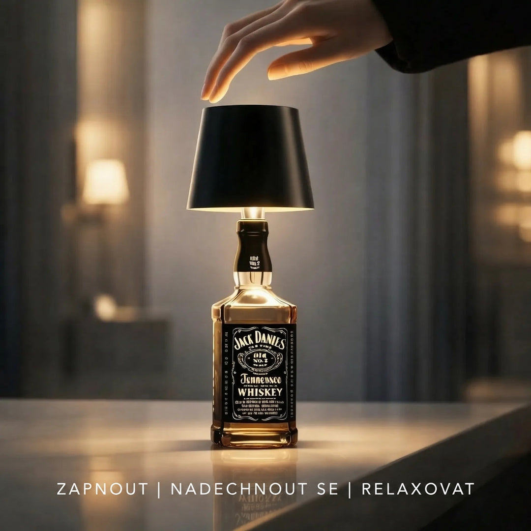 Ruka se dotýká černého stínidla lampičky na lahvi whiskey, která se rozsvěcí dotykem 6